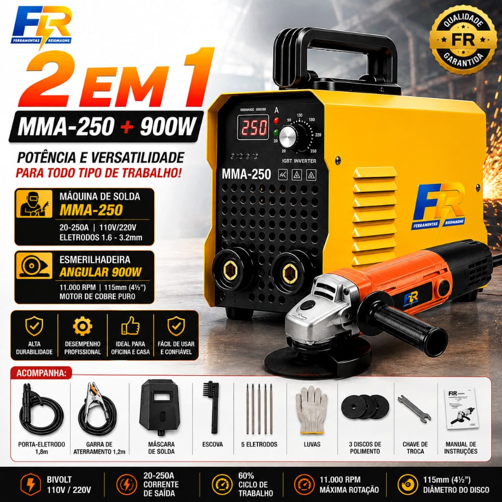 Esmerilhadeira lixadeira Angular +Máquina de Solda Inversora de solda 220V/110V MMA250 900W