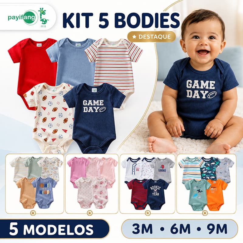 Payifang Kit 5 Bodies Para Bebê Manga Curta Antibacteriano Menino e Menina 3M 6M 9M