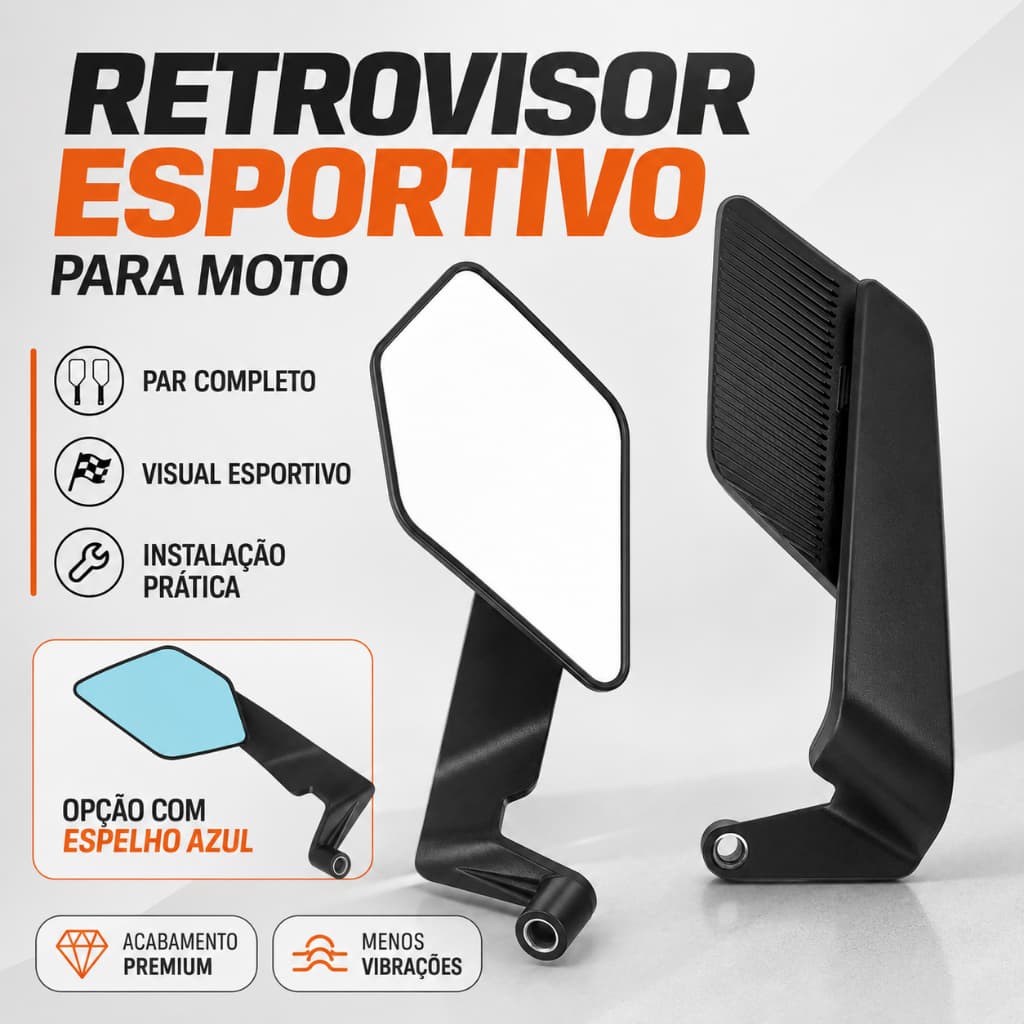 Par Retrovisor Esportivo para Moto Preto Universal Design Angular com Kit de Fixação