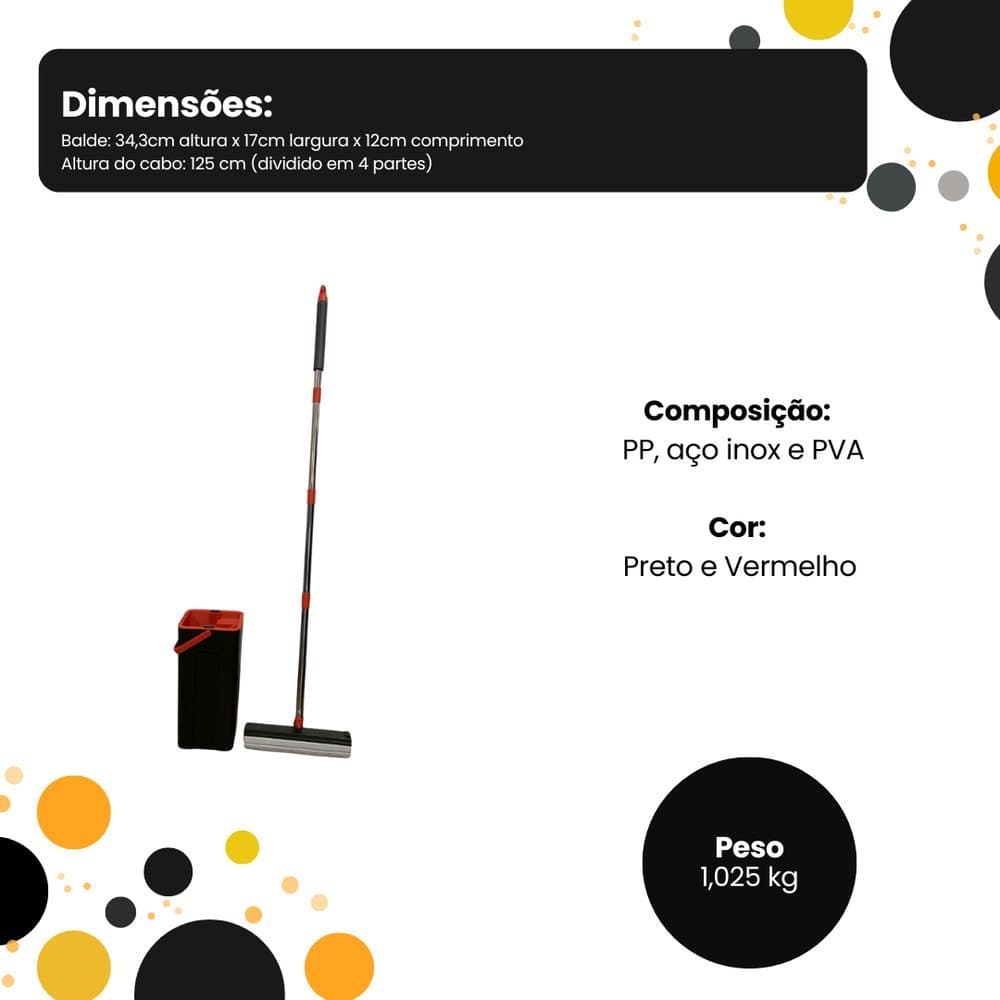 Mop Esponja PVA Balde Cabo Aço Inox 125cm Limpeza Pesada Super Absorção Praticidade Casa Cozinha Lar