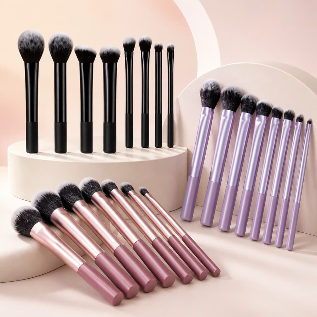 Kit com 8 Pincéis de Maquiagem Profissionais – Cerdas Macias para Rosto, Olhos, Base, Pó e Blush