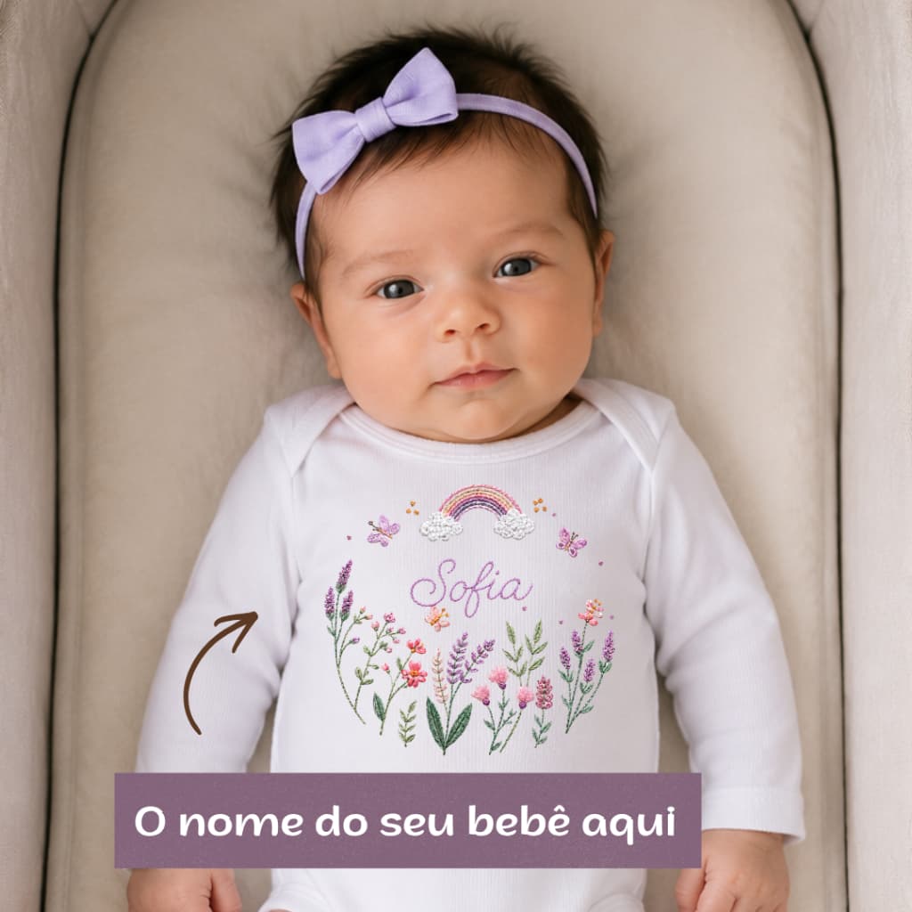Body Bebê Menina Personalizado com Nome Floral Arco-Íris Manga Longa Presente para Recém-Nascida