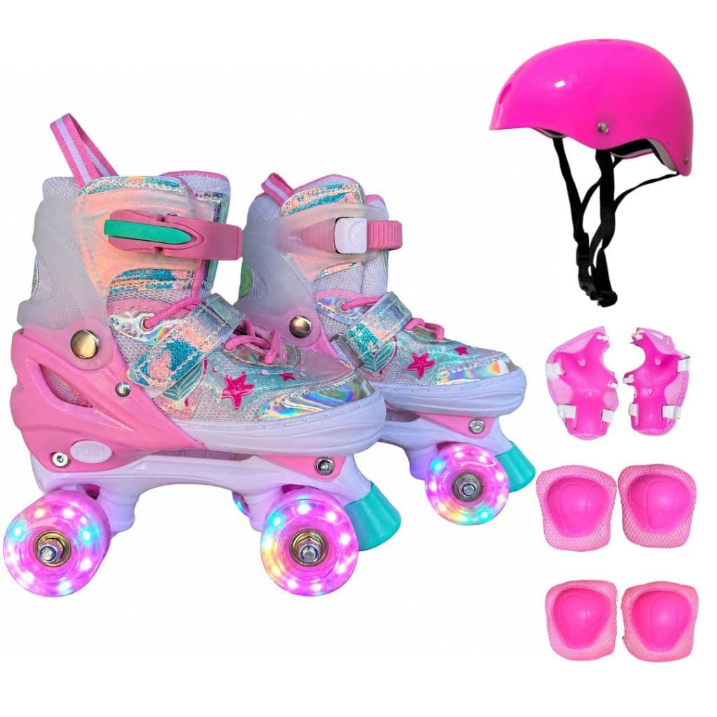 Patins Quad Lançamento Estrela do Mar Holográfico Com Led + Bolsa + KIT PROTEÇÃO
