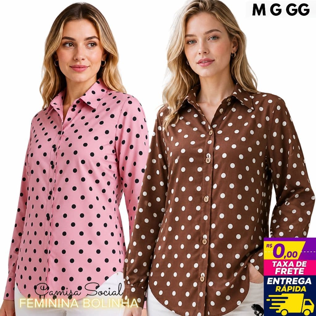 Camisa Social Feminina Bolinha em Crepinho Premium