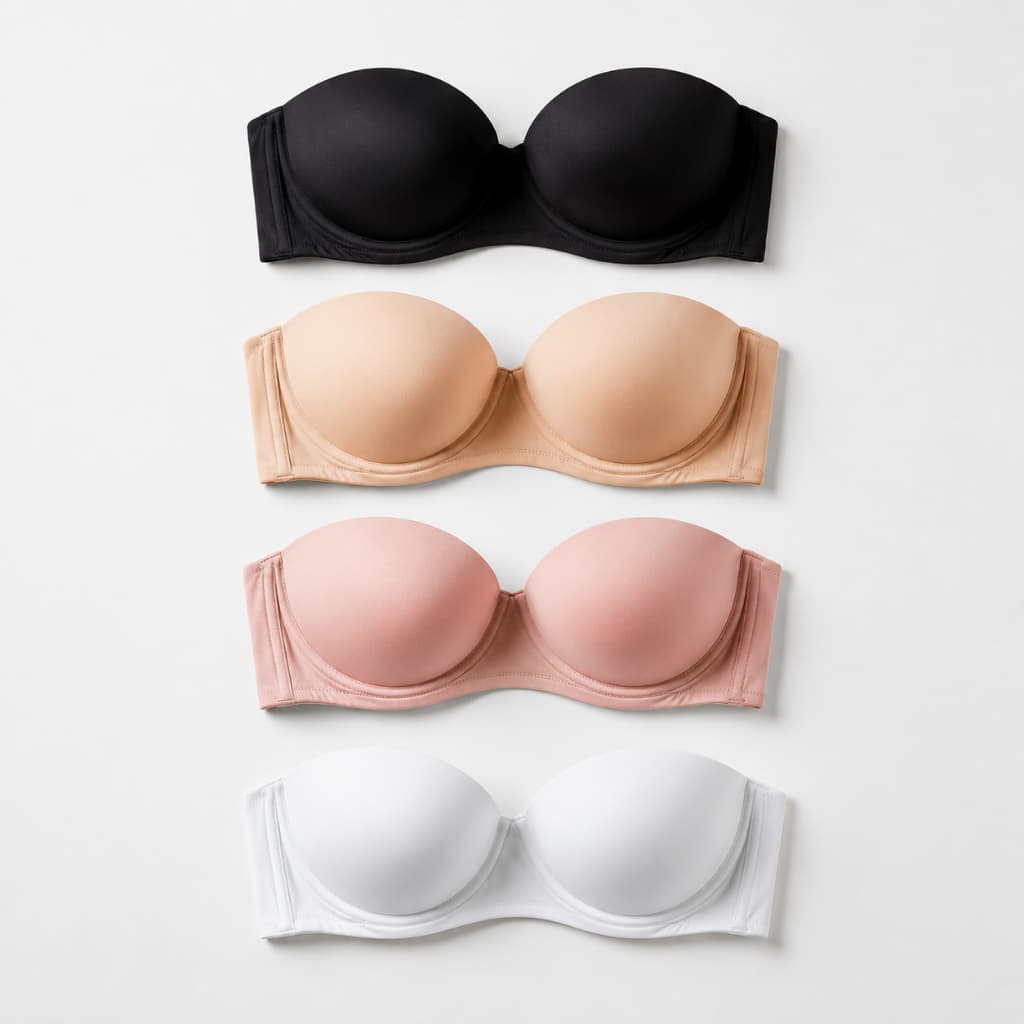 Kit 4 Sutiãs Femininos Tomara que Caia com Bojo Meia Taça Alças Removíveis Fecho Triplo Sustentação Confortável