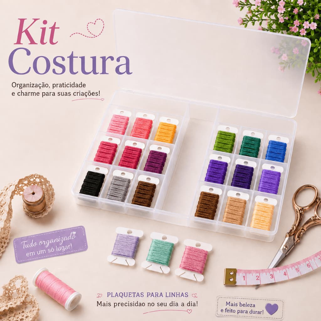 Kit Costura Artesanato Plaqueta e Caixa Transparente