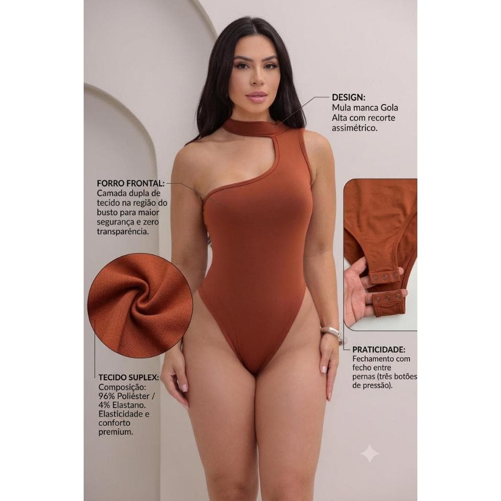 Body Feminino Um Ombro Só Mula Manca Gola Alta Suplex Premium Elegante Casual Tendência Envio Rápido