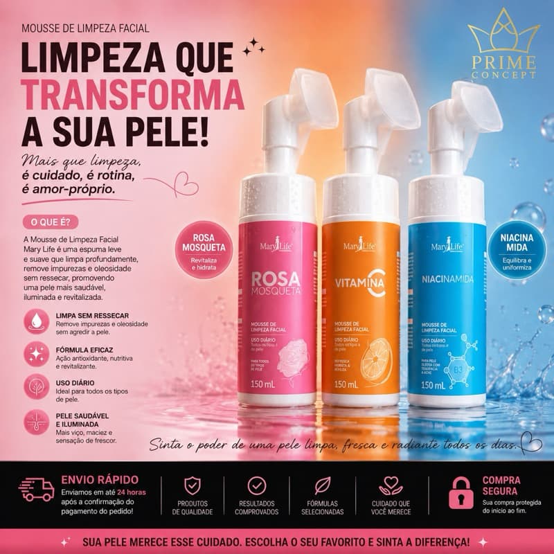 Sabonete facial Mousse de limpeza facial Rosa mosqueta Vitamina C Niacinamida Mary Life 150ml
