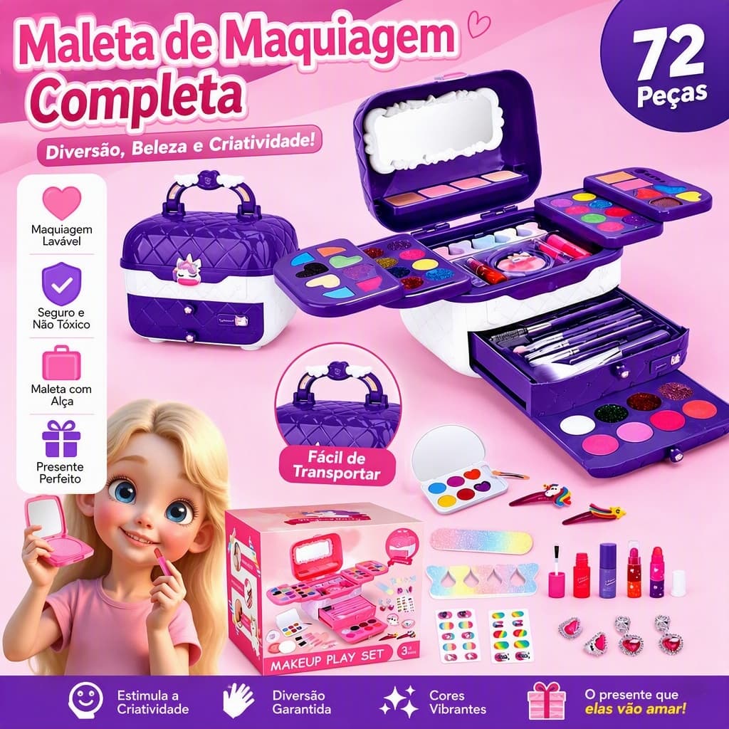 KIT 72 Peças Maleta De Maquiagem Infantil Completa para Meninas Presente de Simulação de Maquiagem