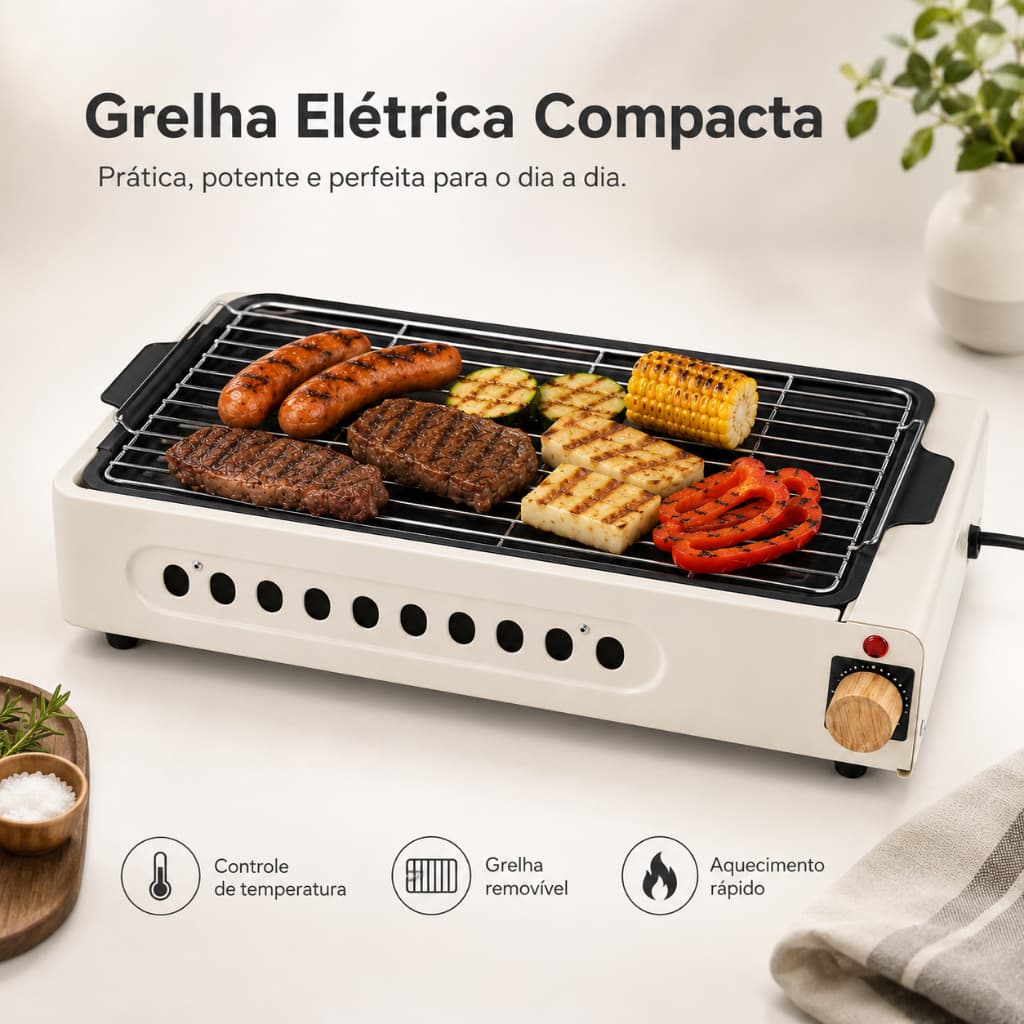 Churrasqueira Elétrica Portátil 40cm Controle de Temperatura Grelha Removível Churrasco Doméstico