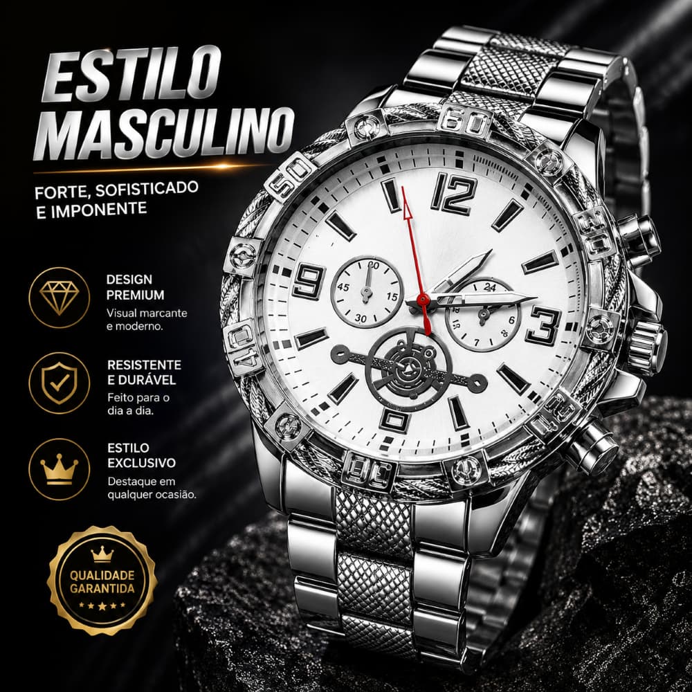 Relógio Masculino Premium Prata – Estilo Imponente + Caixa de Acrílico Transparente