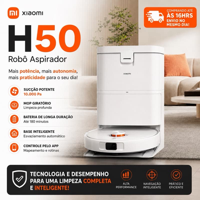 Robô Aspirador H50 Base Autolimpante Aspira e Passa Pano 10000Pa Mapeamento Laser