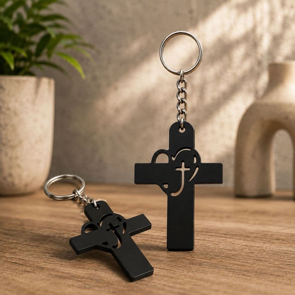 2 Chaveiros Cruz com Coração Preto Proteção Presente Religioso Envio Imediato