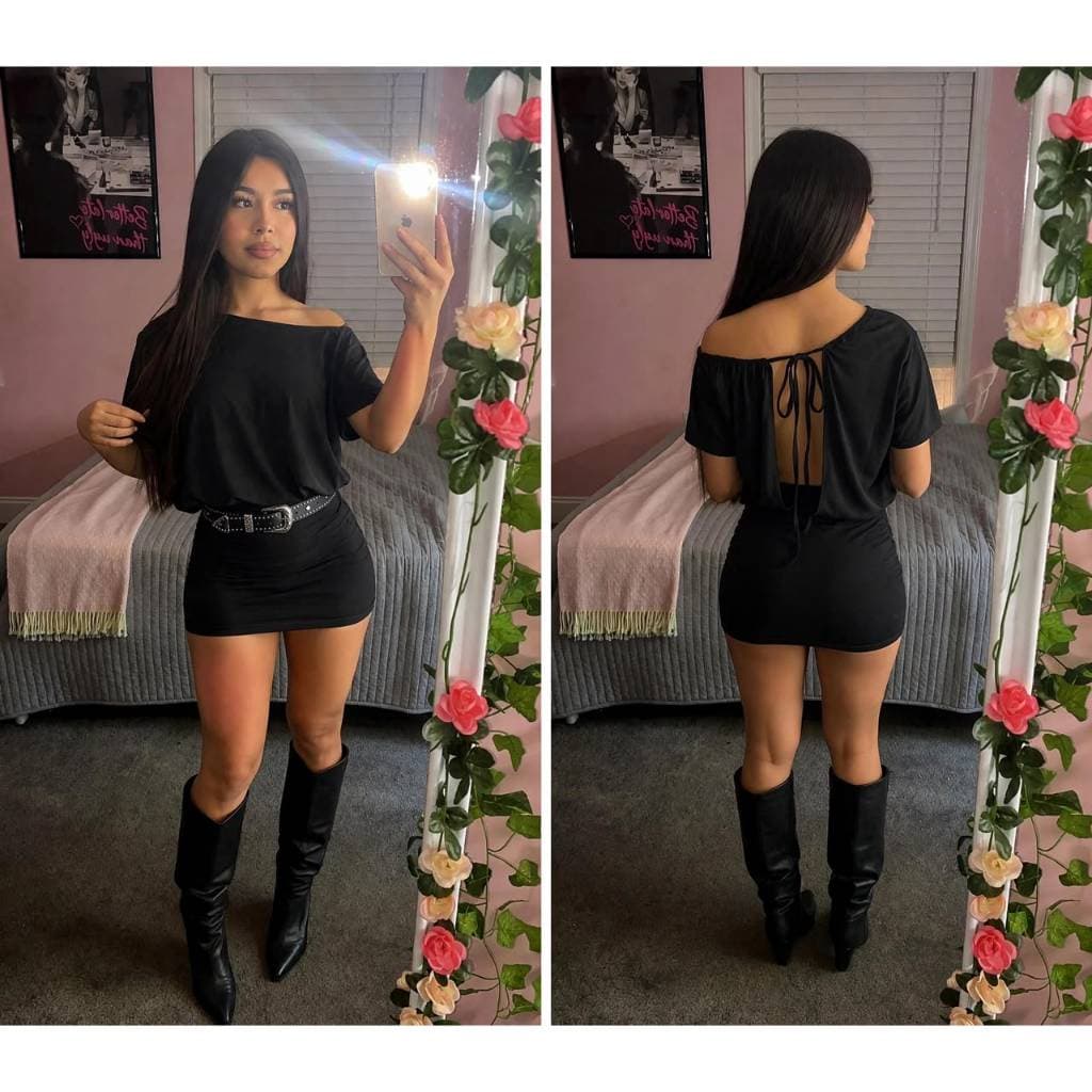 Vestido Curto Ombro a Ombro no Tecido SUPLEX ROMANTIC, Costa Aberta e Saia com forro duplo e drapeada