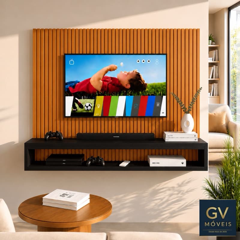 Painel para TV até 50 Polegadas Moderno, Suspenso com Nichos – Sala de Estar Decorativa