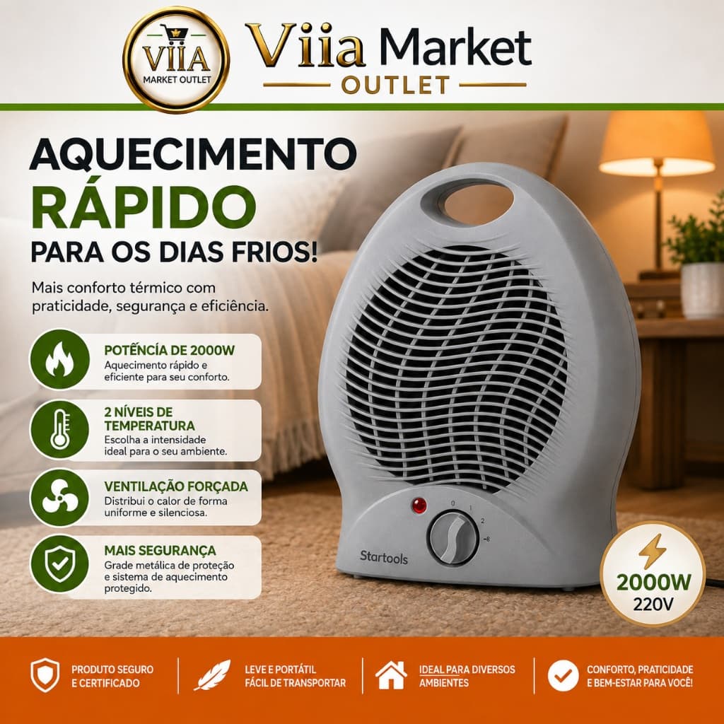 Aquecedor Eletrico Portatil 2000W 220V Aquecimento Rapido Do Ambiente Cinza