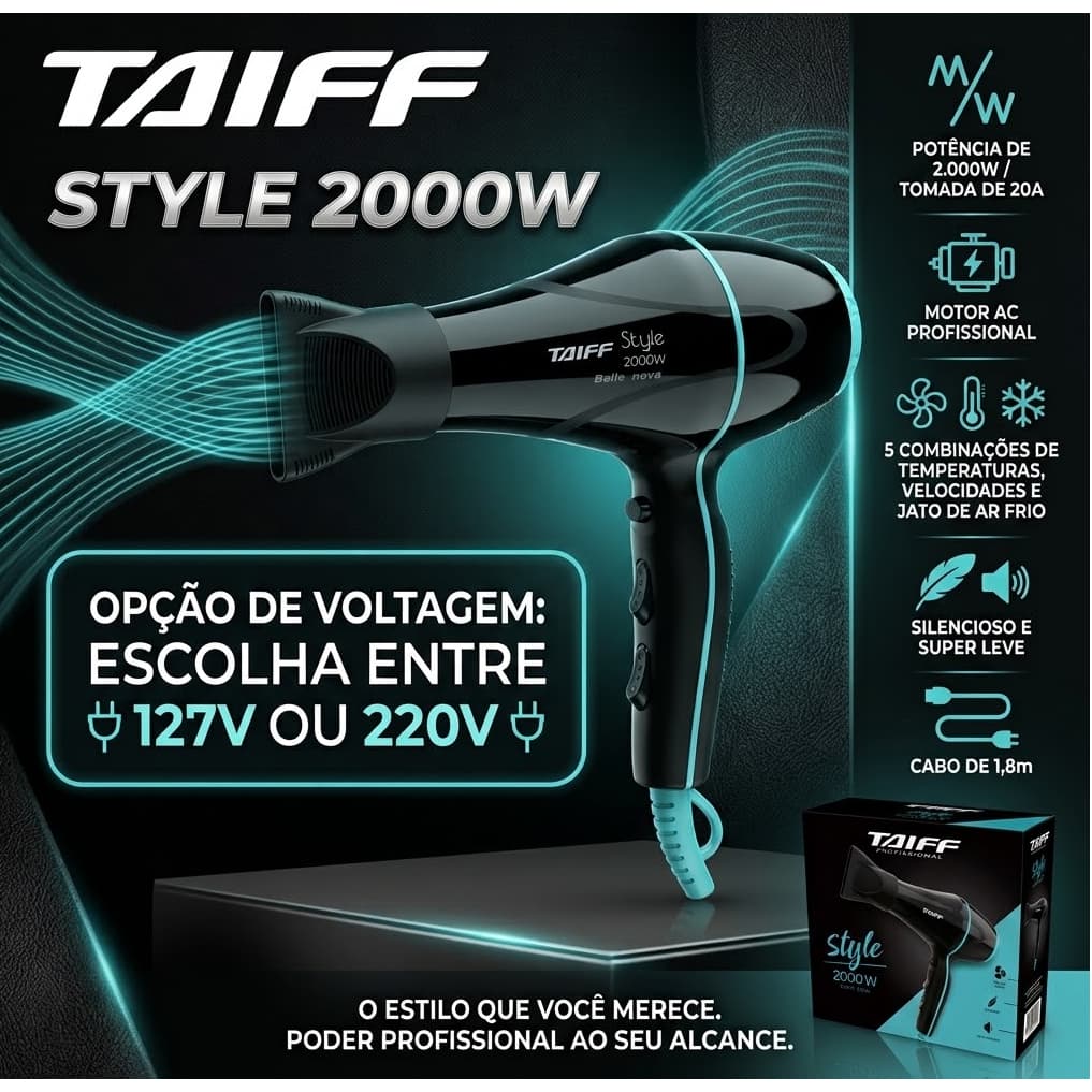 Secador de Cabelo Profissional Taiff Style 2000W Preto 127v ou 220v
