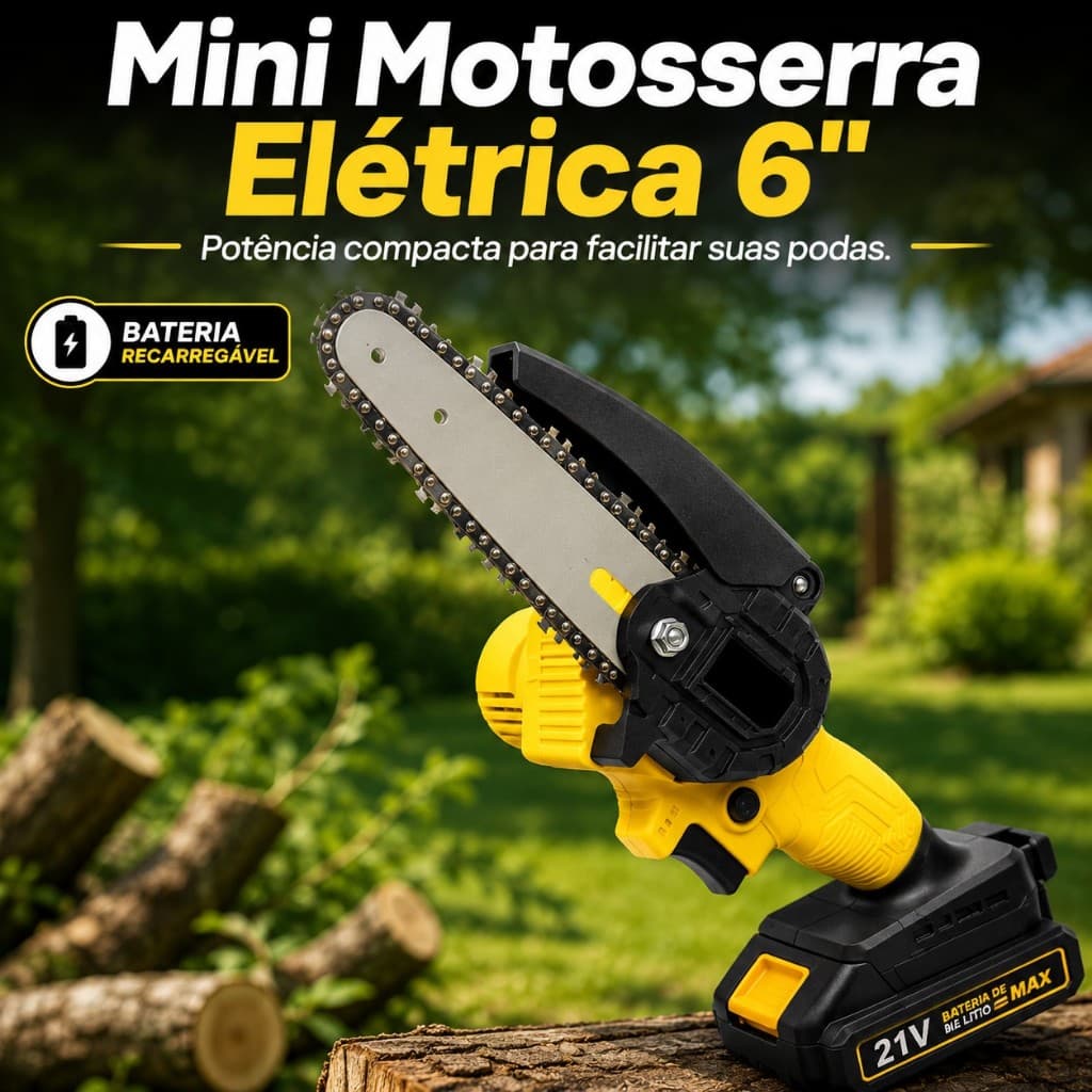 Mini Motosserra Portátil Elétrica 6 Polegadas Leve Bateria Recarregável Bivolt Compacta Forte Resistente