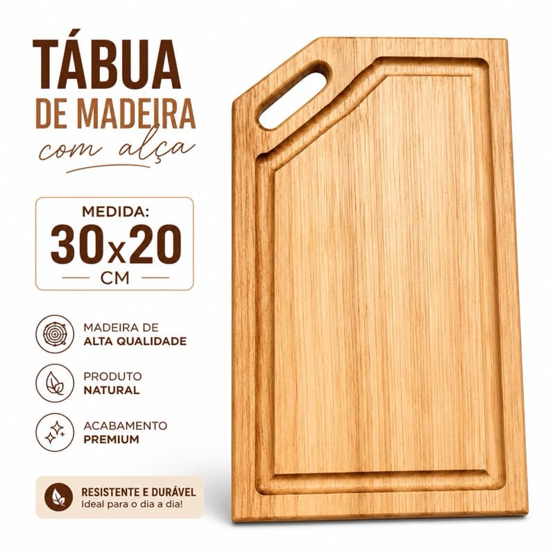 Tábua de Madeira 30x20cm com Canaleta e Alça – Tábua de Corte Artesanal, carne, legumes, tabua de frios