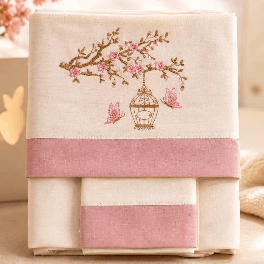 Jogo Lençol Berço Americano Luxo Linho 3PÇS 100% Algodão Flores Borboleta Jardim Safari Cavalinho