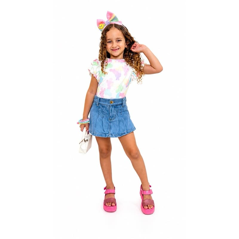 Shorts saia jeans plissado menina