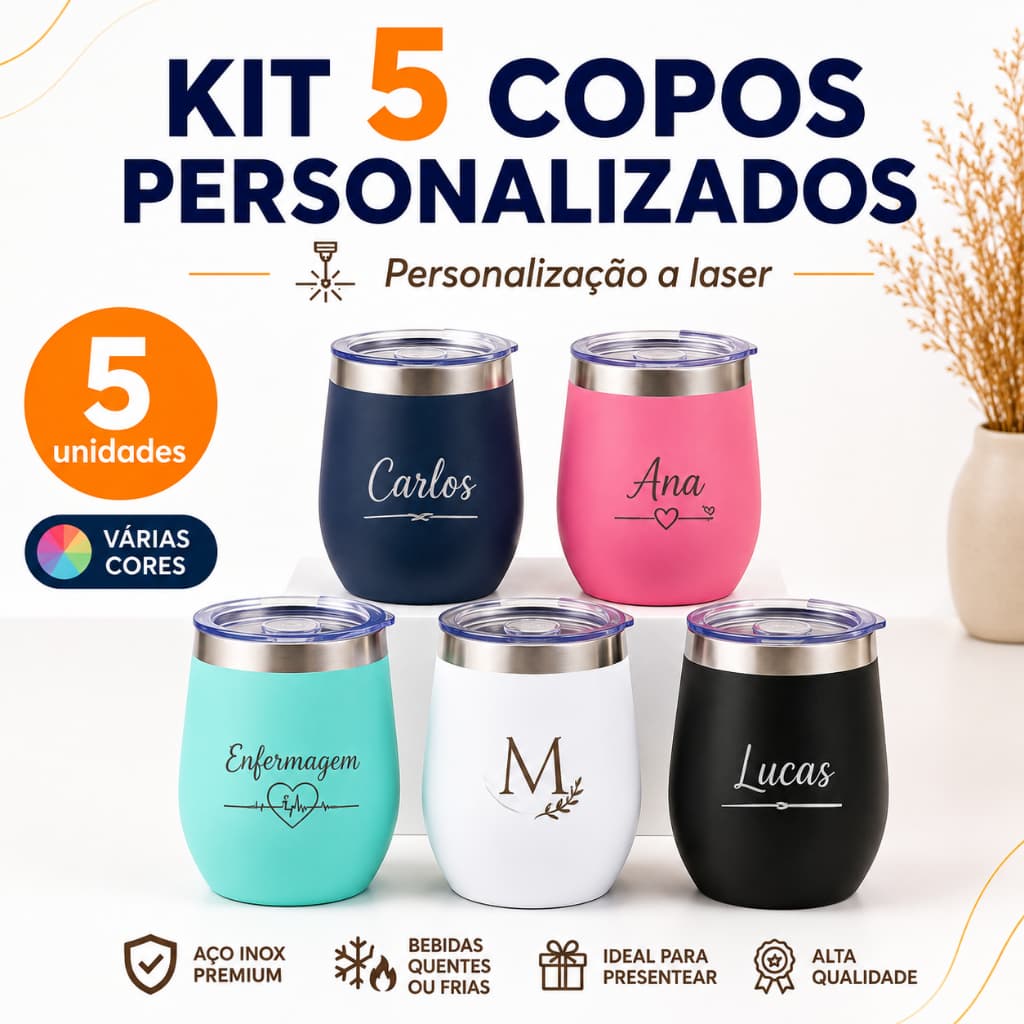 *Kit 5 Copos Cuia Térmicos Personalizados Nome Logo Inox Laser Presente Perfeito*