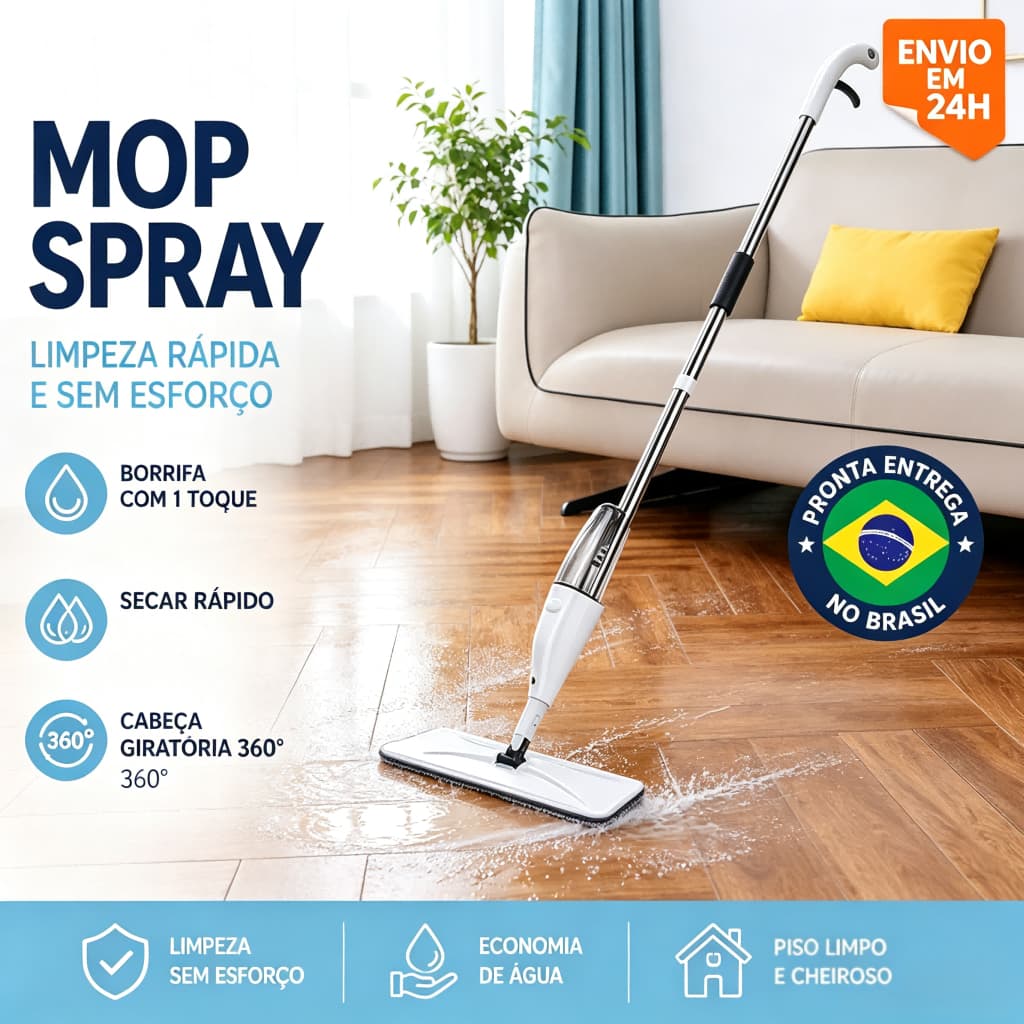 Mop Spray com Borrifo de Água, Cabeça Giratória 360°, Limpeza Seca e Úmida para Todos os Tipos de Piso