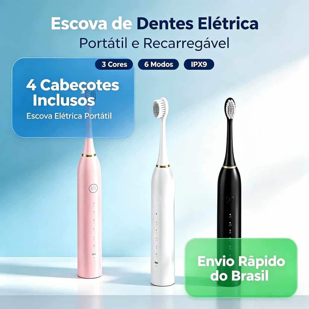 Escova de Dentes Elétrica Portátil Recarregável com 4 Cabeçotes, Envio Rápido do Brasil, Ultrassônica para Viagem
