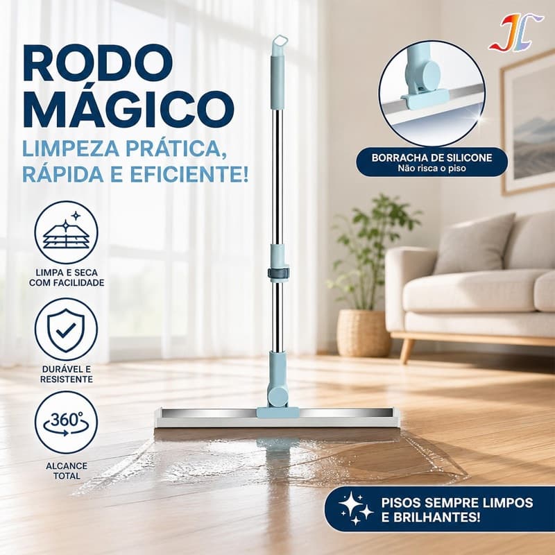 Rodo de Silicone 100cm com Cabo Longo Limpa Vidros e Pisos Secos e Molhados, com Gancho, Vassoura Mágica 2 em 1 SJGT