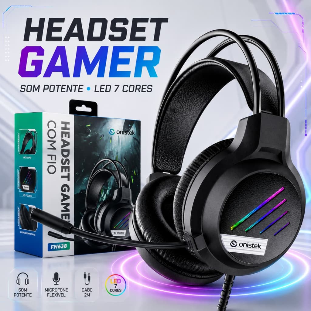 Fone de Ouvido Gamer Headset RGB LED Fone com Microfone Flexível Som Estéreo com Fio USB P2 Onistek FN638