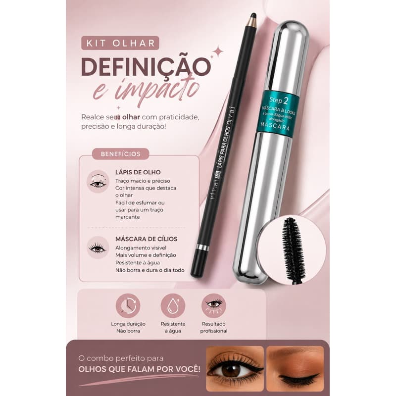 Máscara de Cílios + Lápis de Olho Preto | Kit Olhar Marcante Maquiagem para Olhos