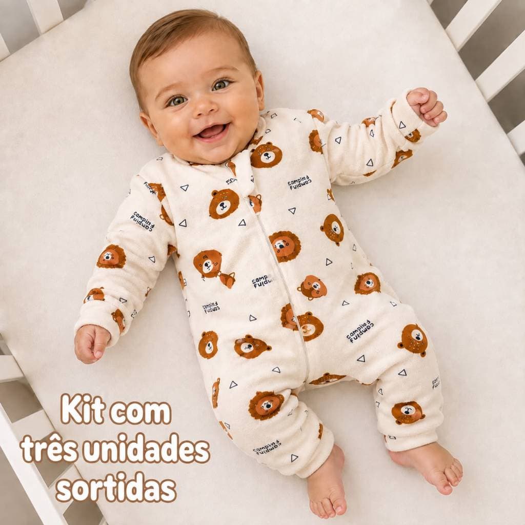 Macacão Bebê Menino 1 Unidade e Kit com 3 Unidades Tecido Soft Quentinho com Zíper Estampas Variadas