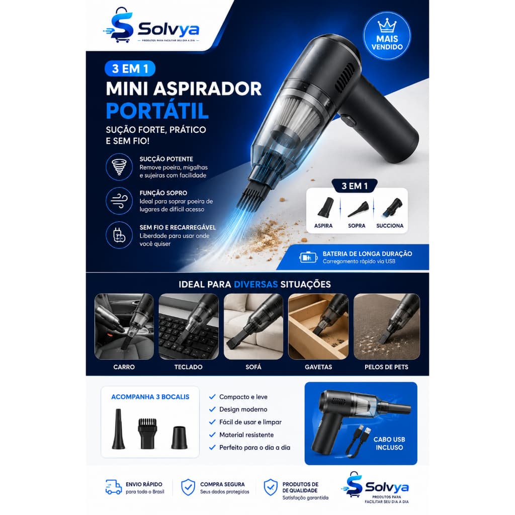 Aspirador de Pó Portátil USB 3 em 1 com Sucção Poderosa para Carro e Casa