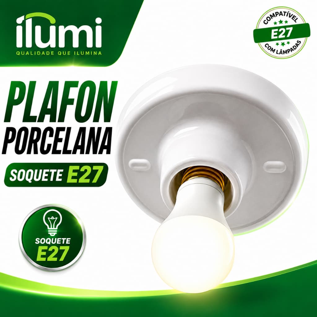 Plafon de Teto Soquete Porcelana E27 Branco 100W Base para Lâmpada