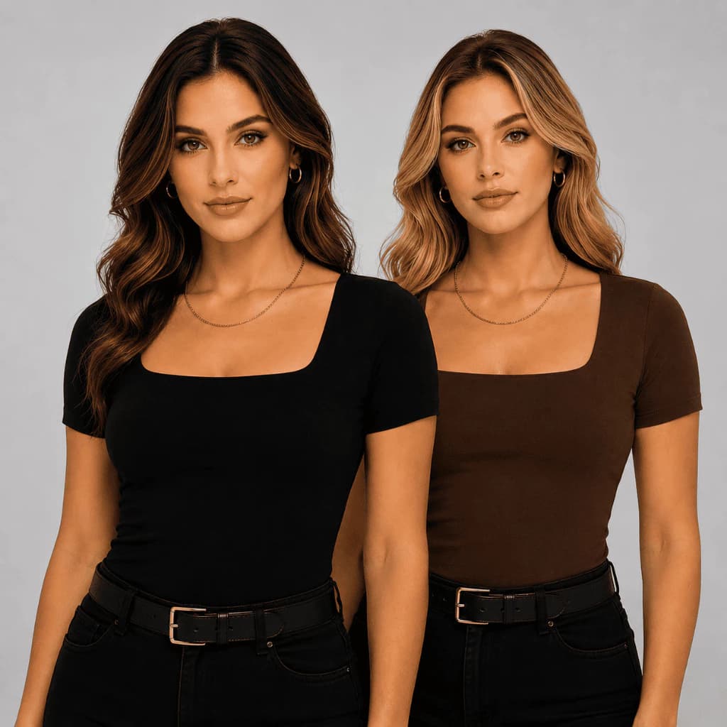 Kit 2 Blusas Femininas Baby Look Gola Quadrada Manga Curta Básica Casual Decote Quadrado Moda 2026