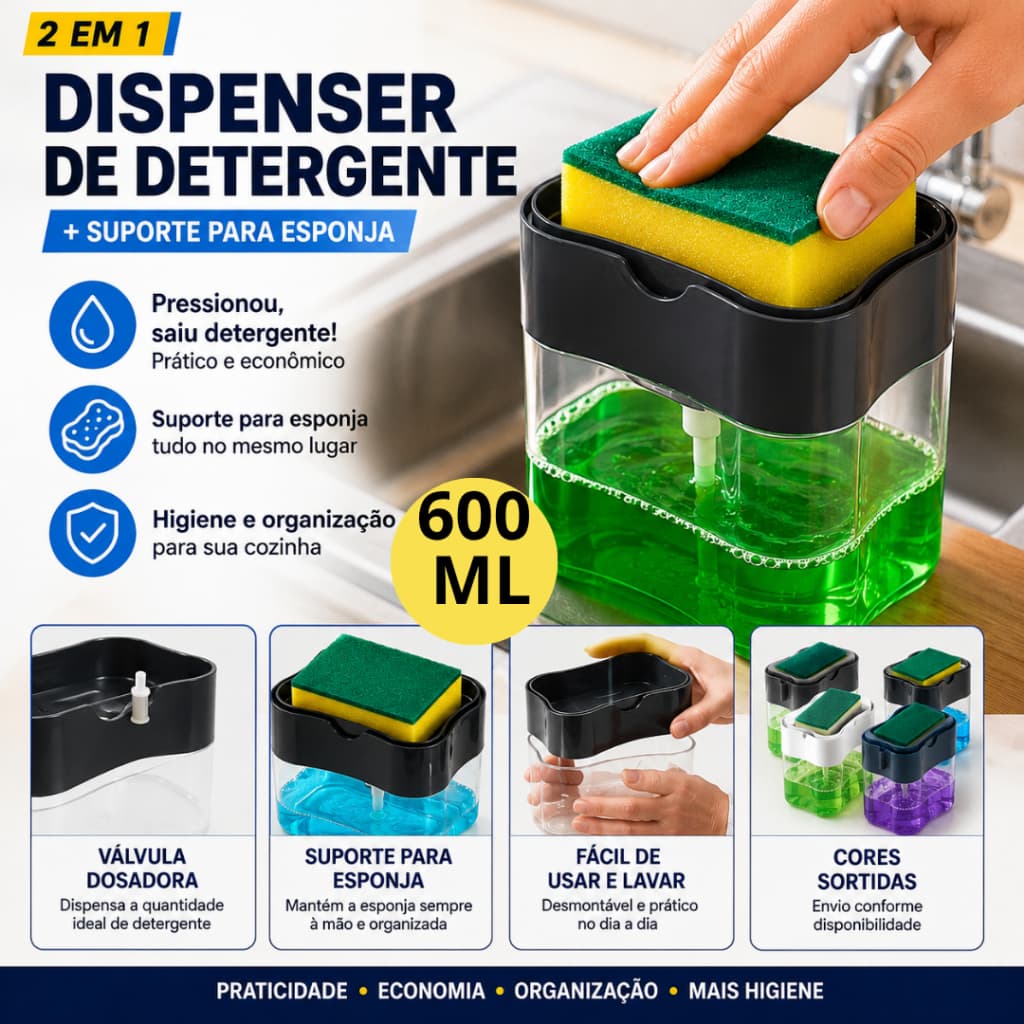 Porta Detergente com Esponja 2 em 1 600 ml Dispenser Dosador para Pia Cozinha