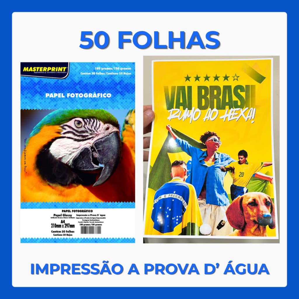 Papel Fotográfico 180g Glossy A4 Brilhante à Prova D'água MASTERPRINT 50 FOLHAS