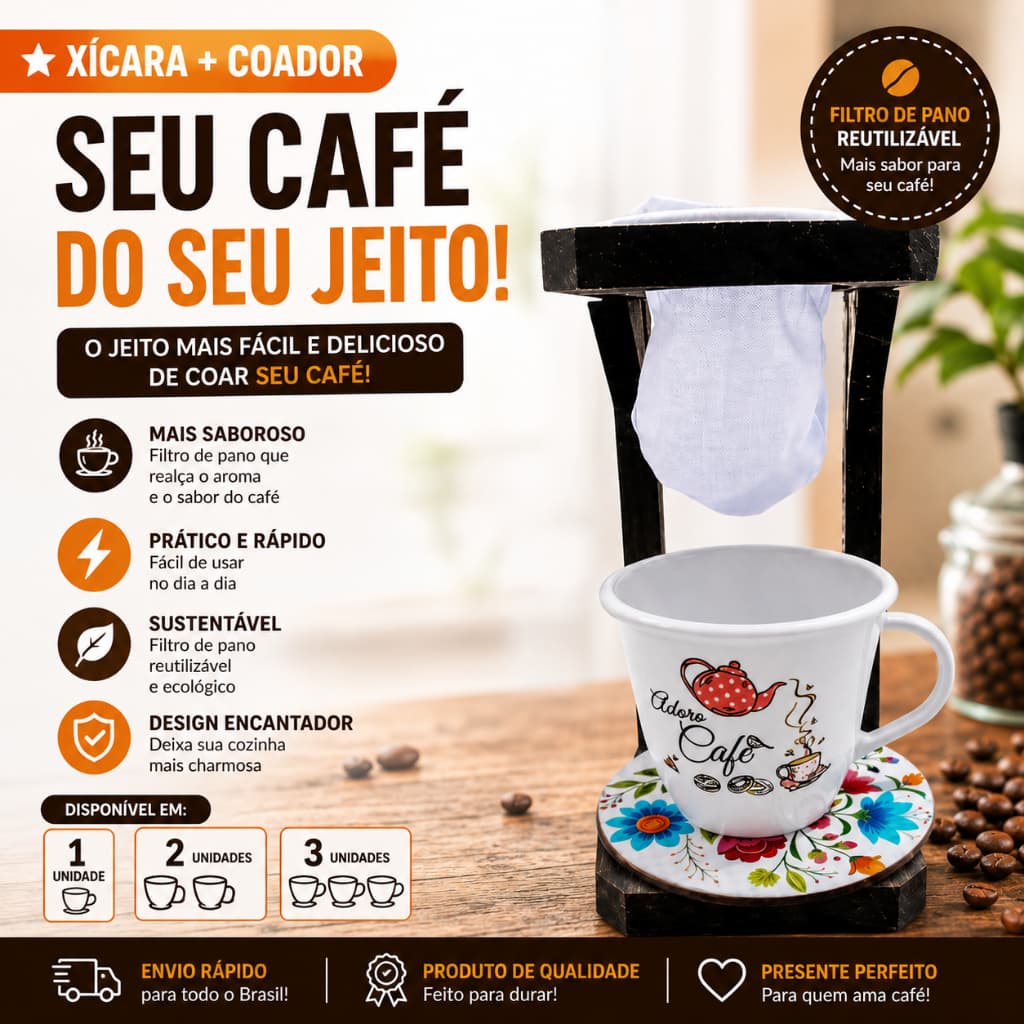 Coadores de Café Artesanais com Xícaras e Pires Decoração Cantinho do Café