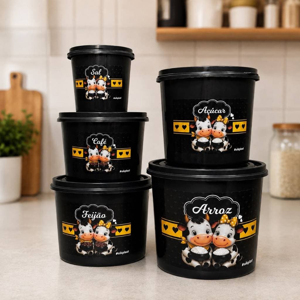 Kit 5 Potes Mantimentos Cozinha Plástico Organizador Arroz Feijão Açúcar Café Sal