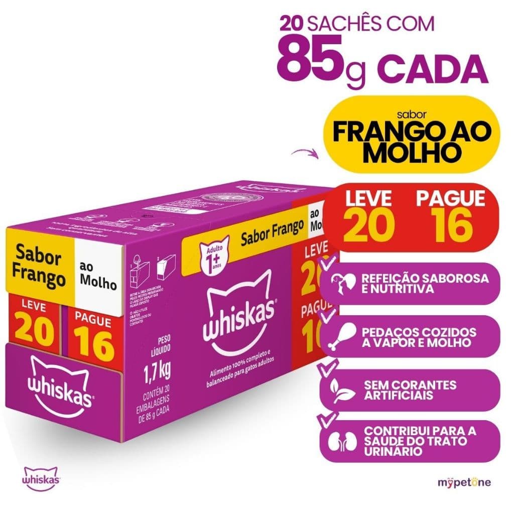 Caixa Ração Úmida Whiskas Sachê Frango ao Molho para Gatos Adultos 85 g - Pague 16 Leve 20