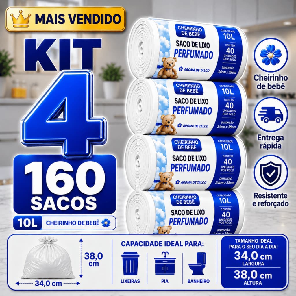 Kit 4 Sacos de Lixo 10L Perfumado Talco Pia Banheiro Netraliza Mau Cheiro 160 Unidades Cheiroso Bebe