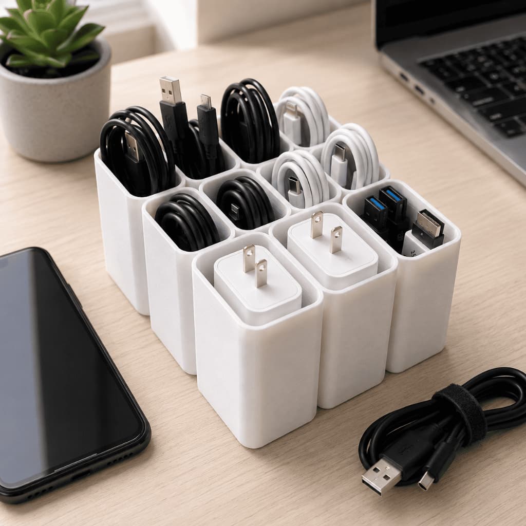 Organizador de Cabos USB e Carregadores com 11 Compartimentos para Mesa e Escritório