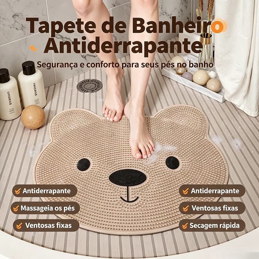 Tapete de Banheiro Formato Urso Antiderrapante TPR, Ventosas Fixas, Massageador para Pés, Secagem Rápida 50*35CM