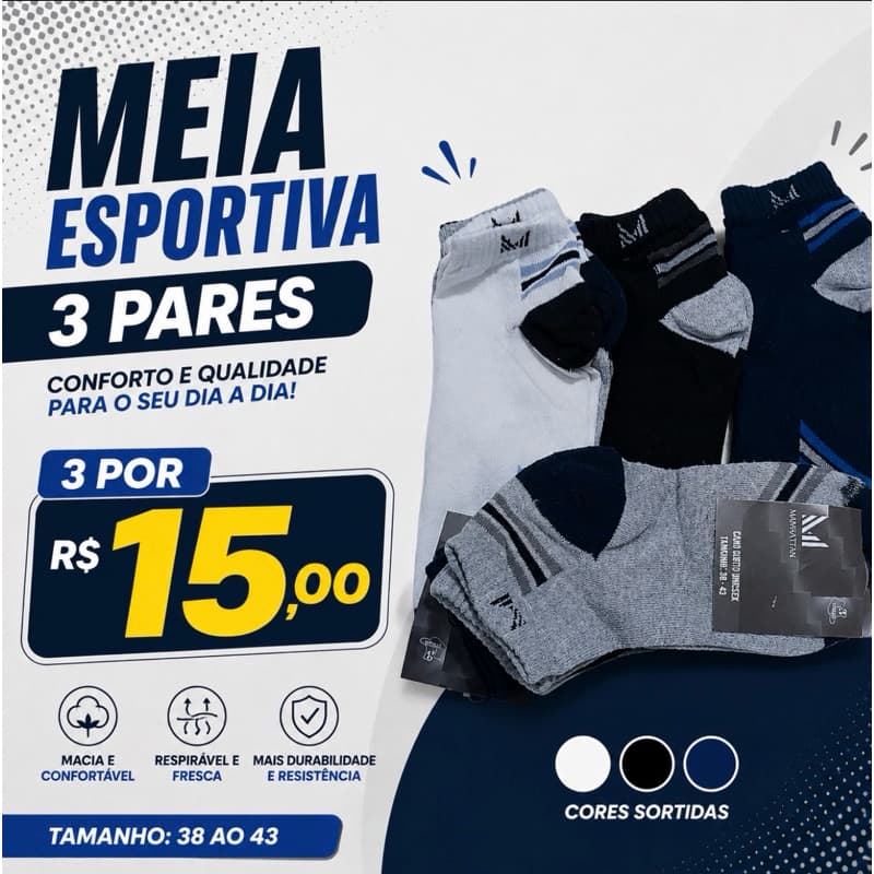 Kit 3 Pares de meias Cano medio Masculino Calça 35 ao 43