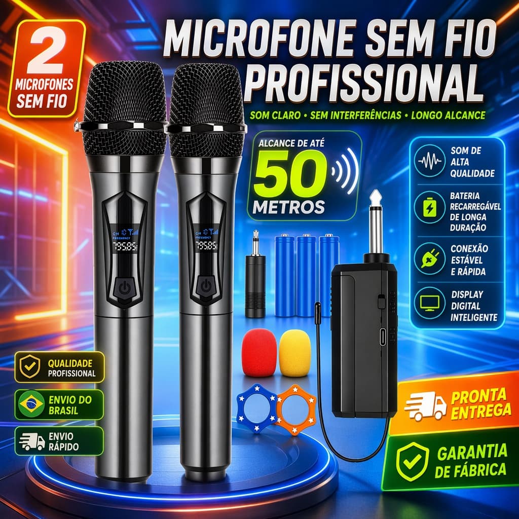 Kit 2 Microfones Sem Fio UHF Profissional Recarregável para Live, Gravação e Palestra