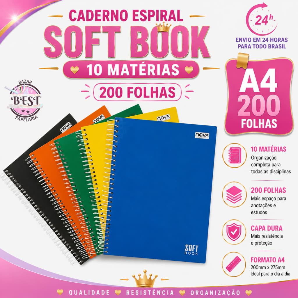Caderno Espiral Capa Dura Universitário 10Matéria 200 Folhas Grande Unisex