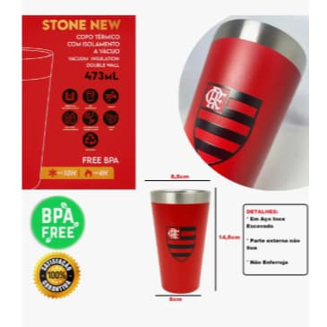 Copo Térmico com Isolamento a Vácuo Flamengo Aço Inox Bebida Gelada Original 473ml NOVO