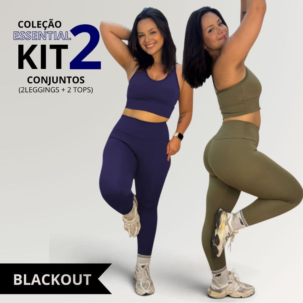 Kit 2 Conjuntos Básicos Fitness Essential Blackout Legging e Cropped para Academia
