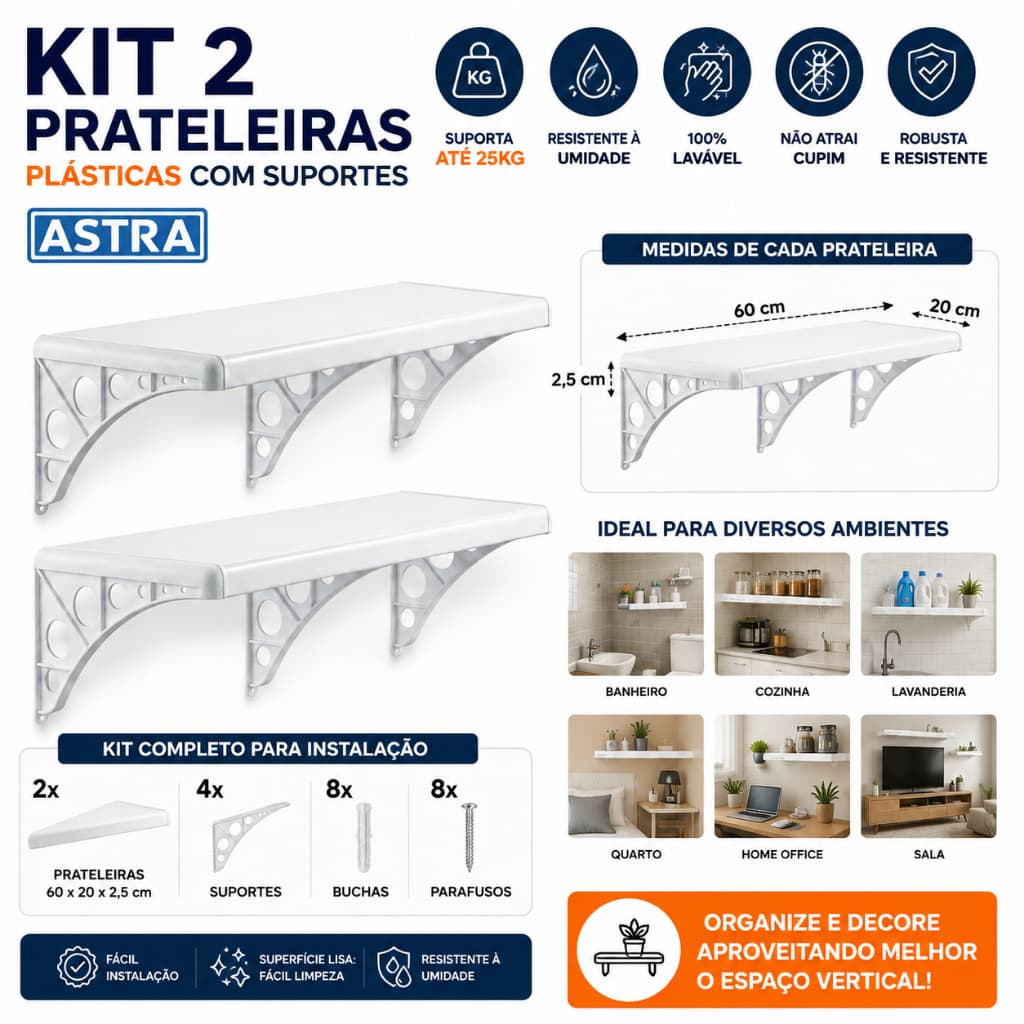 Kit 2 Prateleiras Astra 60x20 Plástica Com Suporte Lavável Banheiro Cozinha