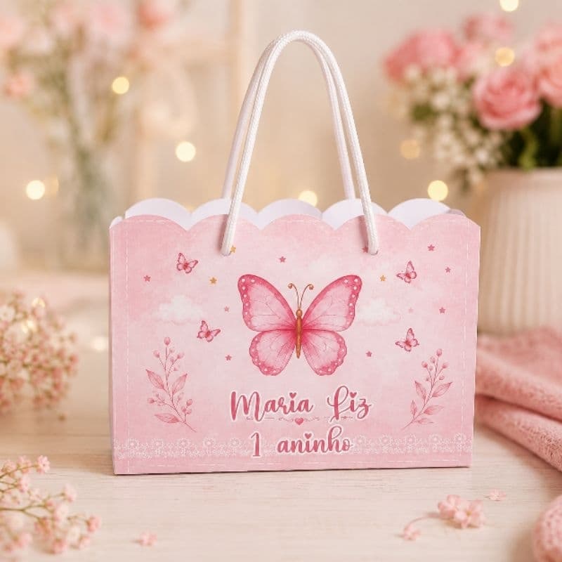 Kit Sacolinha Personalizada Jardim das Borboletas Rosa Menina